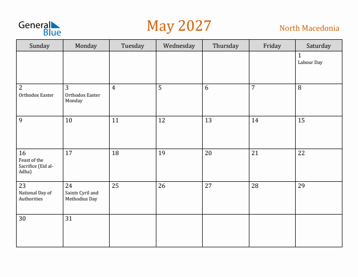 May 2027 Holiday Calendar with Sunday Start