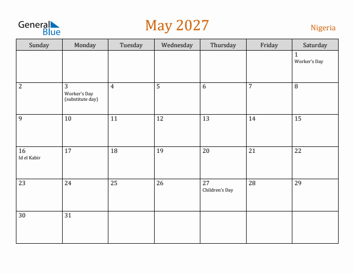 May 2027 Holiday Calendar with Sunday Start