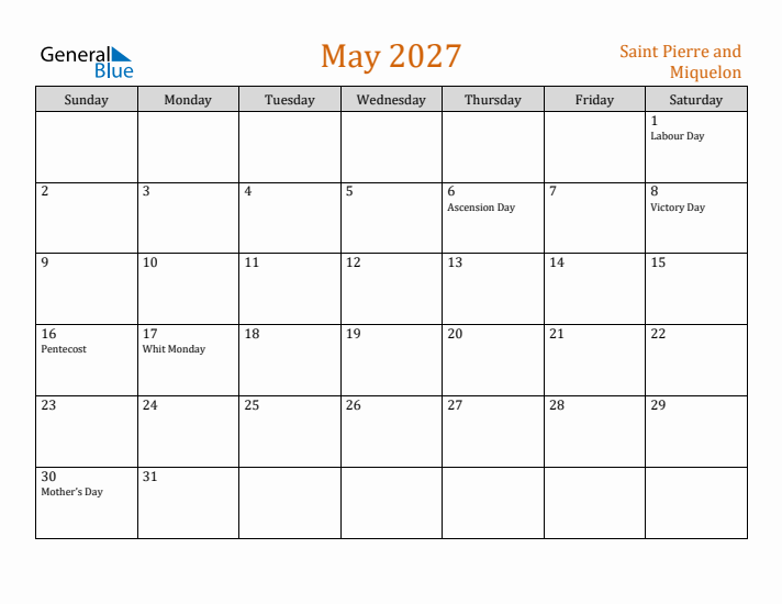 May 2027 Holiday Calendar with Sunday Start