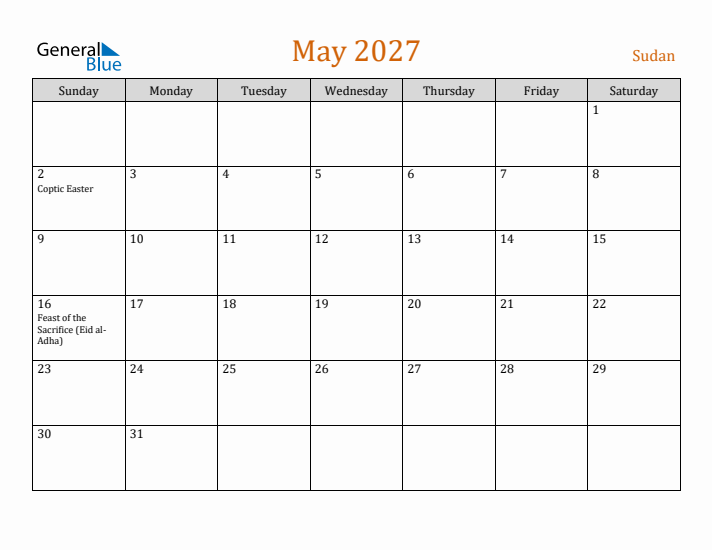 May 2027 Holiday Calendar with Sunday Start