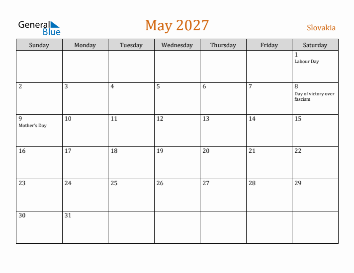 May 2027 Holiday Calendar with Sunday Start