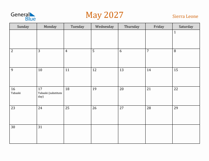 May 2027 Holiday Calendar with Sunday Start