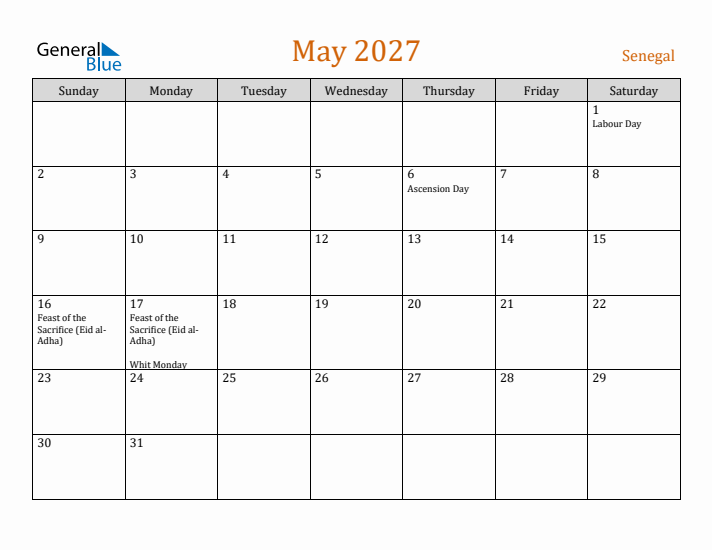 May 2027 Holiday Calendar with Sunday Start