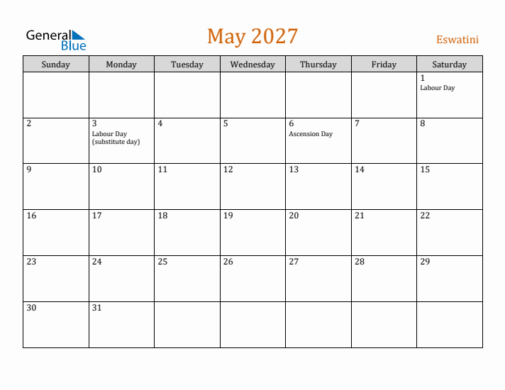 May 2027 Holiday Calendar with Sunday Start