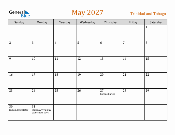 May 2027 Holiday Calendar with Sunday Start