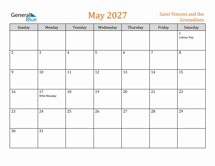 May 2027 Holiday Calendar with Sunday Start