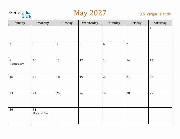 May 2027 Holiday Calendar with Sunday Start
