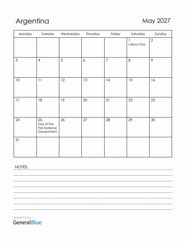 May 2027 Argentina Calendar with Holidays (Monday Start)