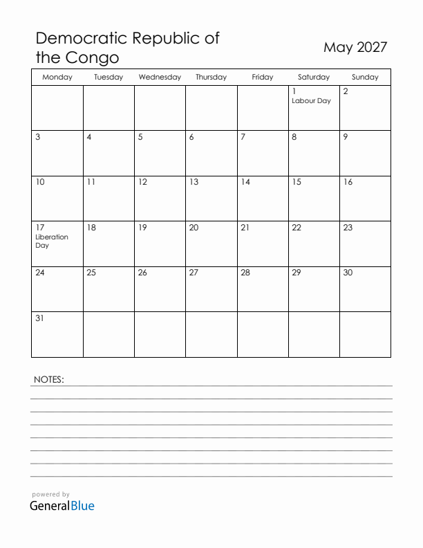 May 2027 Democratic Republic of the Congo Calendar with Holidays (Monday Start)