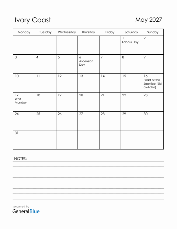 May 2027 Ivory Coast Calendar with Holidays (Monday Start)
