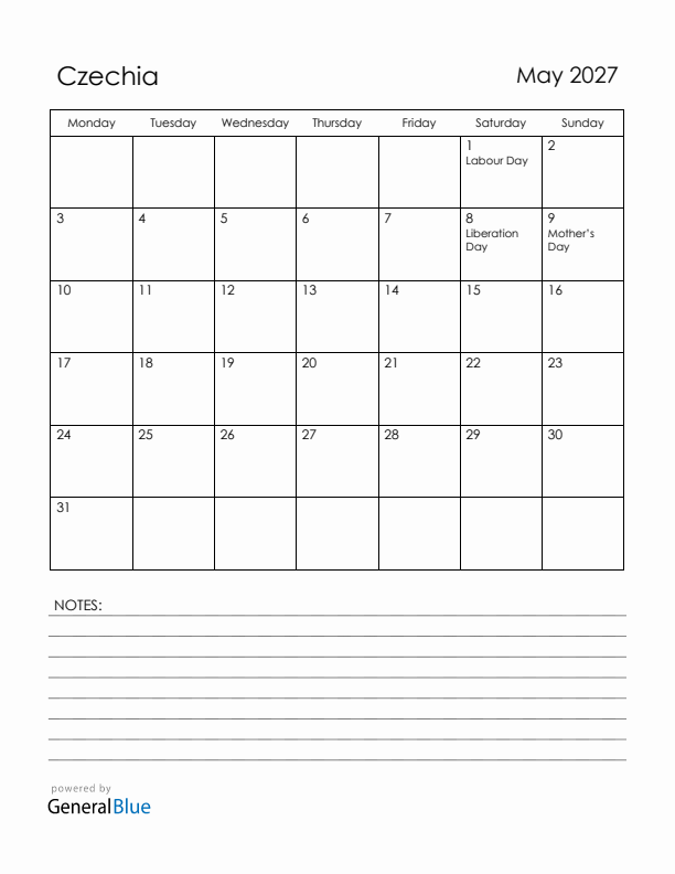 May 2027 Czechia Calendar with Holidays (Monday Start)