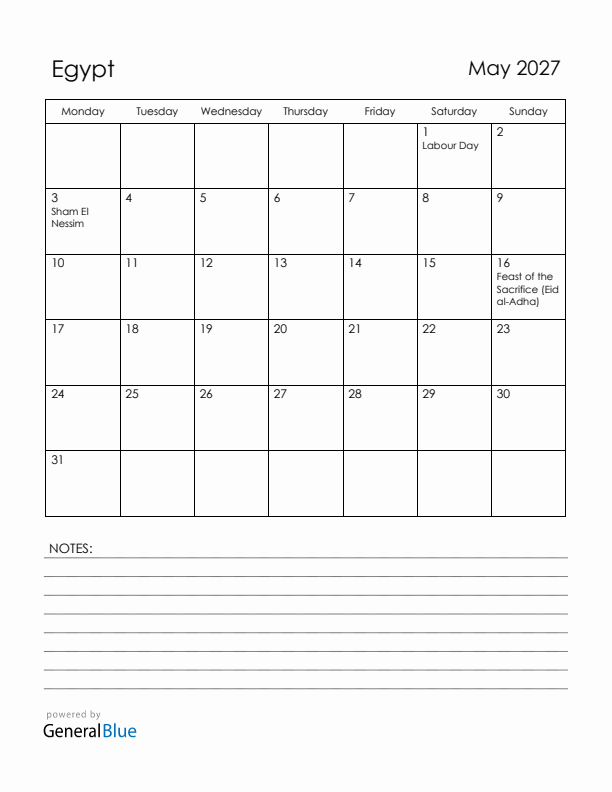 May 2027 Egypt Calendar with Holidays (Monday Start)