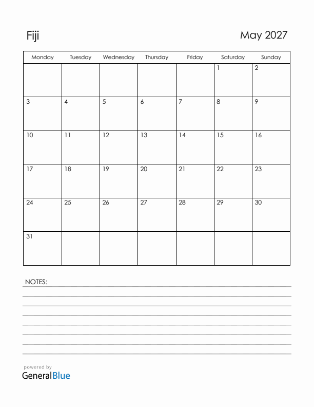 May 2027 Fiji Calendar with Holidays (Monday Start)
