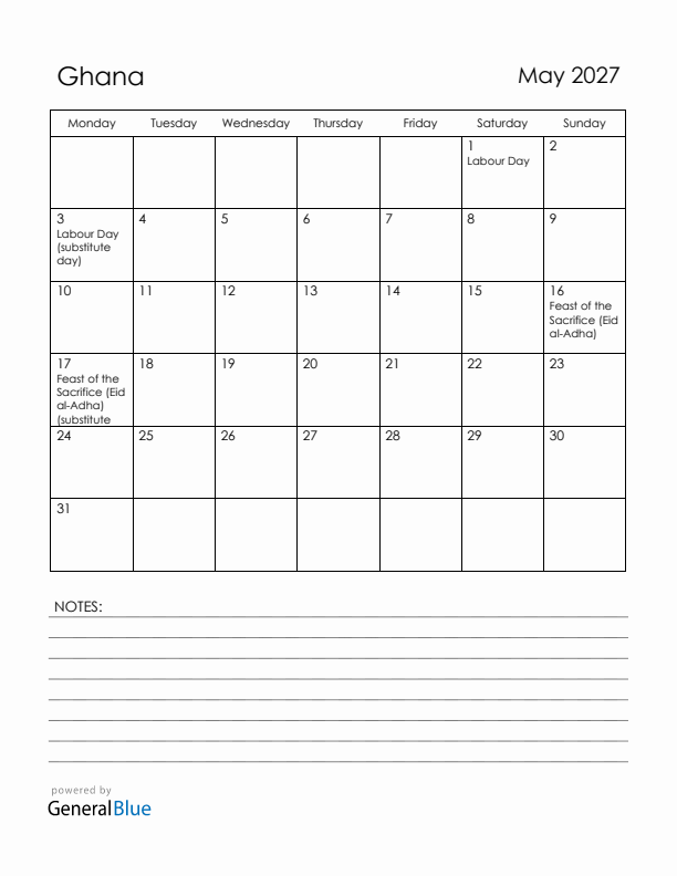May 2027 Ghana Calendar with Holidays (Monday Start)