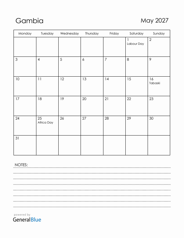 May 2027 Gambia Calendar with Holidays (Monday Start)