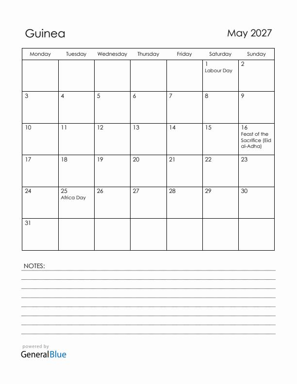 May 2027 Guinea Calendar with Holidays (Monday Start)