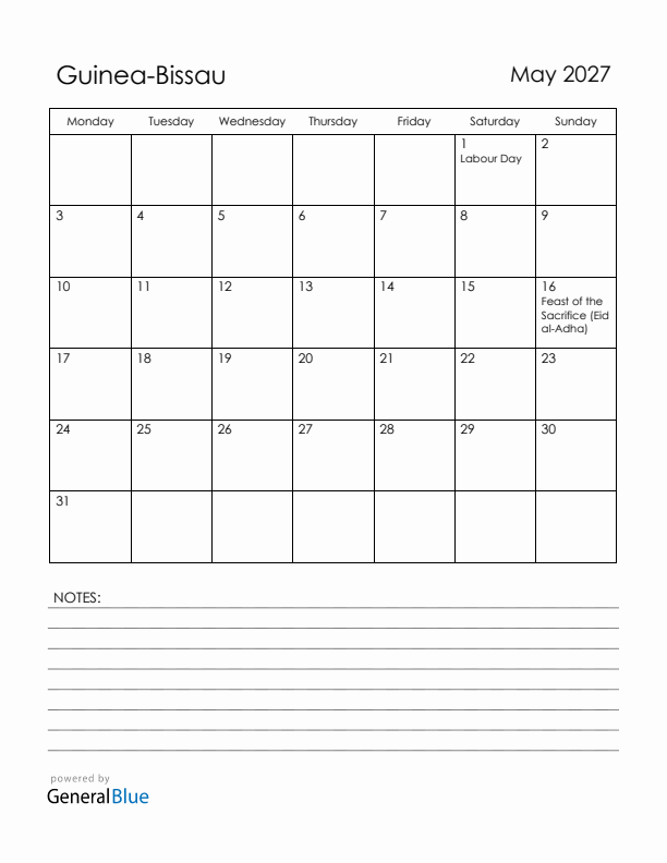 May 2027 Guinea-Bissau Calendar with Holidays (Monday Start)