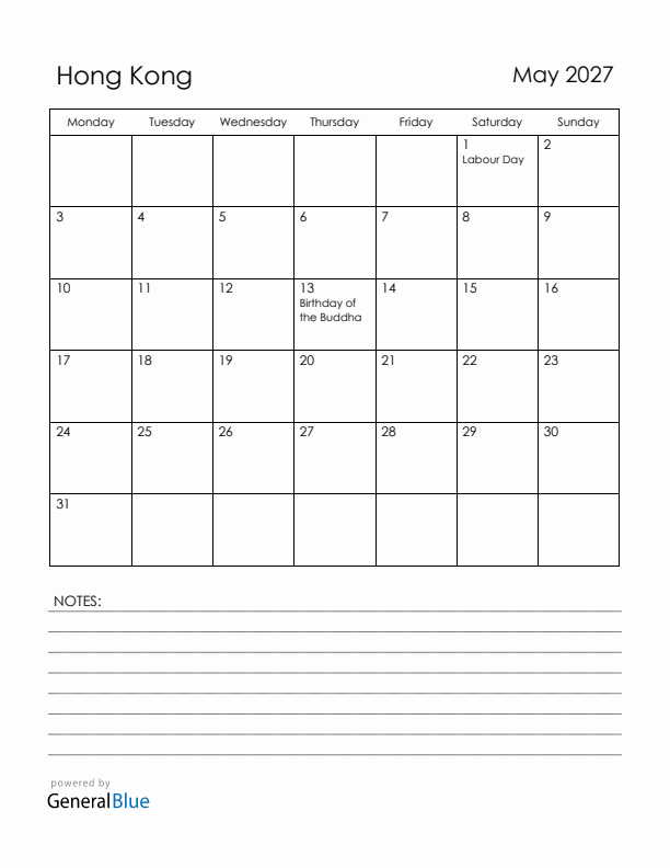 May 2027 Hong Kong Calendar with Holidays (Monday Start)