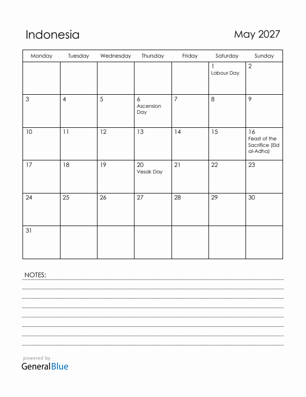 May 2027 Indonesia Calendar with Holidays (Monday Start)
