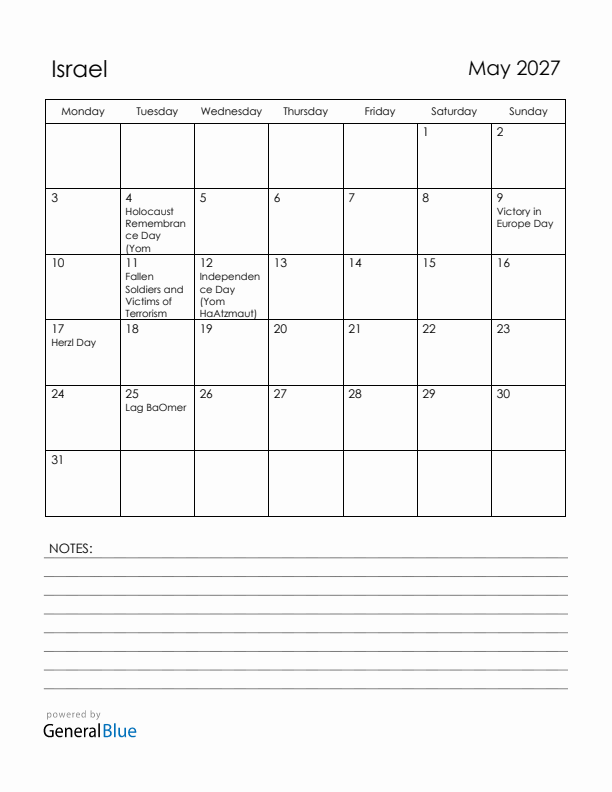May 2027 Israel Calendar with Holidays (Monday Start)