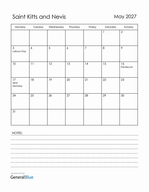 May 2027 Saint Kitts and Nevis Calendar with Holidays (Monday Start)