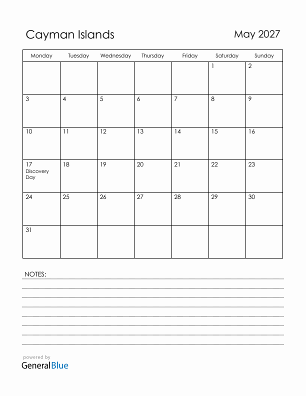 May 2027 Cayman Islands Calendar with Holidays (Monday Start)