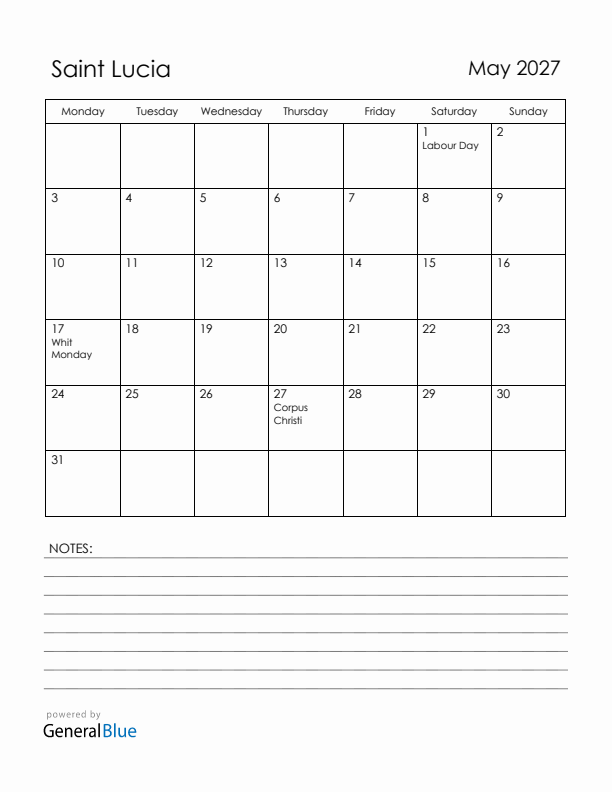 May 2027 Saint Lucia Calendar with Holidays (Monday Start)