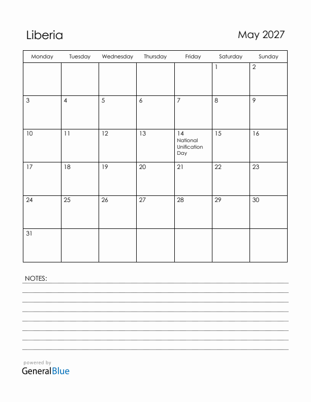 May 2027 Liberia Calendar with Holidays (Monday Start)