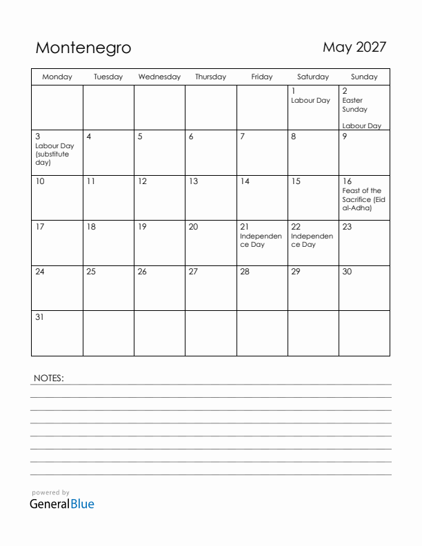 May 2027 Montenegro Calendar with Holidays (Monday Start)