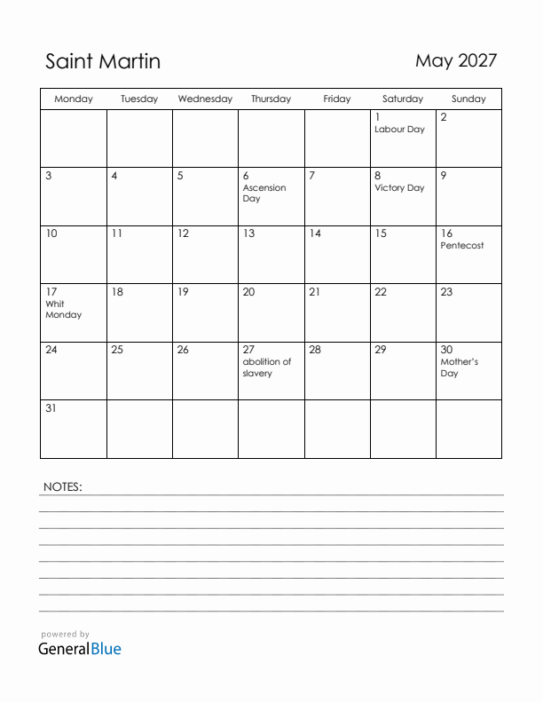 May 2027 Saint Martin Calendar with Holidays (Monday Start)