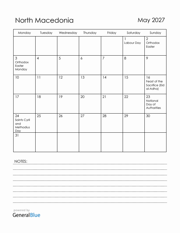 May 2027 North Macedonia Calendar with Holidays (Monday Start)