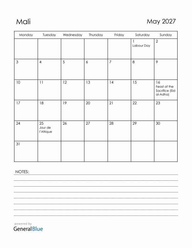 May 2027 Mali Calendar with Holidays (Monday Start)