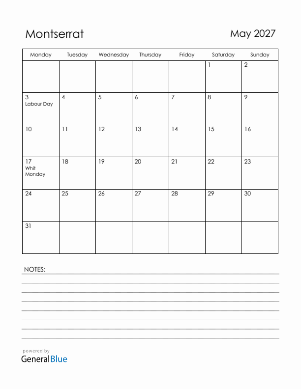 May 2027 Montserrat Calendar with Holidays (Monday Start)