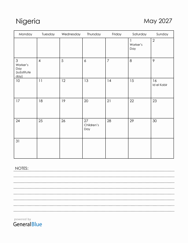 May 2027 Nigeria Calendar with Holidays (Monday Start)