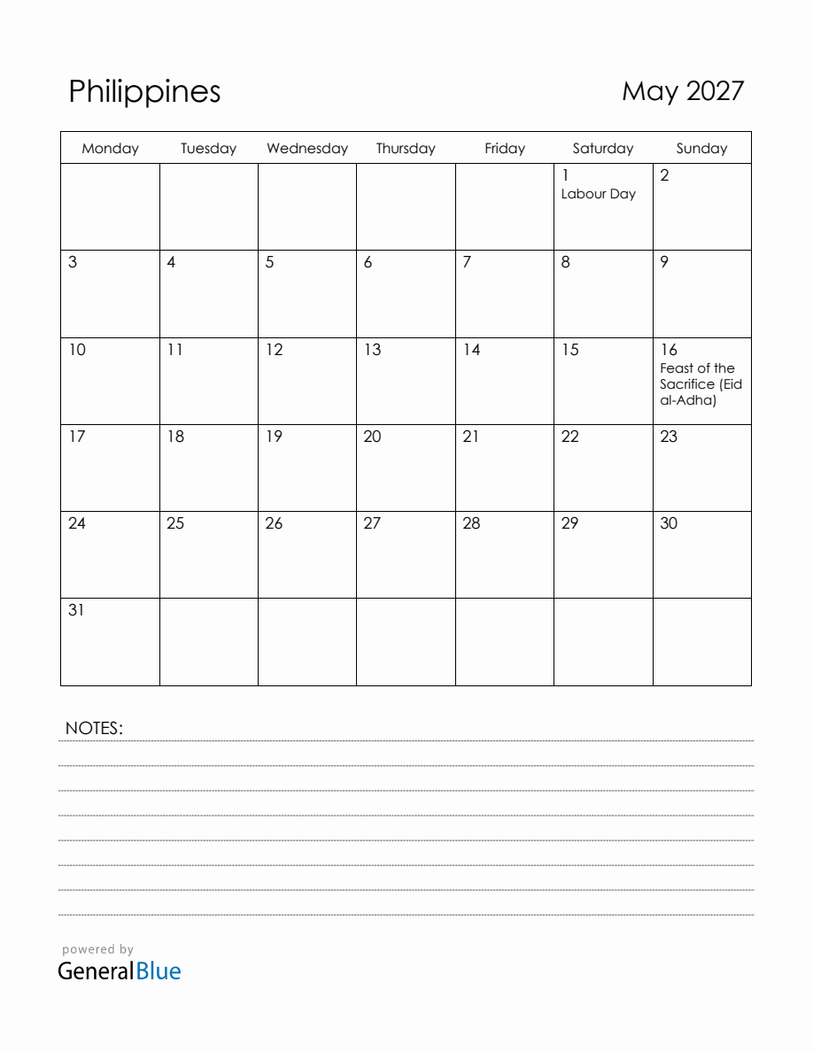 May 2027 Philippines Calendar with Holidays (Monday Start)