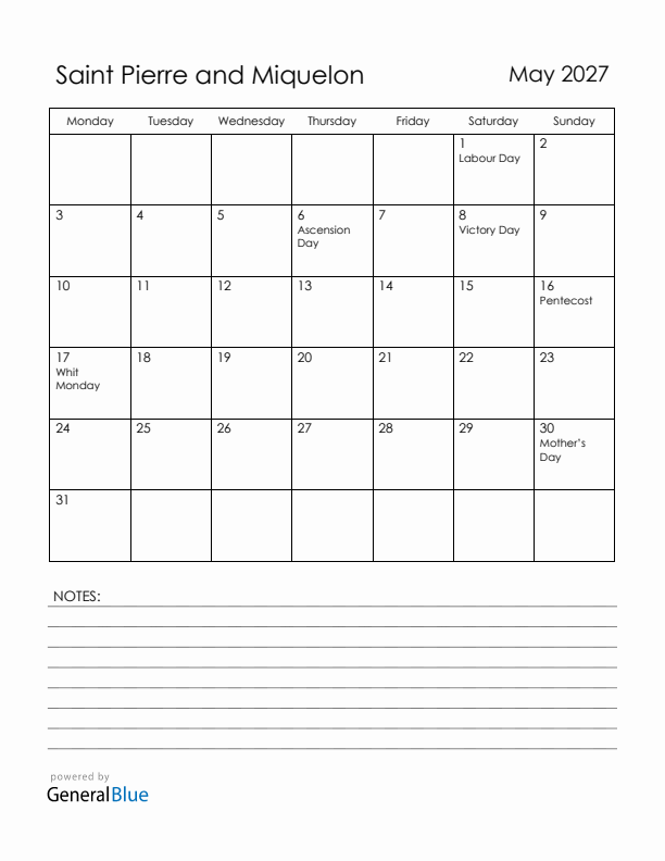 May 2027 Saint Pierre and Miquelon Calendar with Holidays (Monday Start)