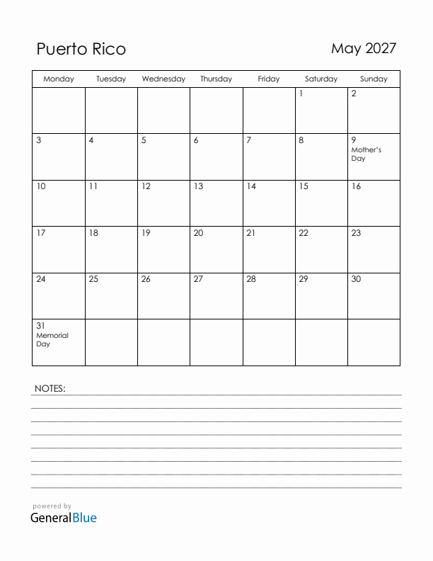 May 2027 Puerto Rico Calendar with Holidays (Monday Start)