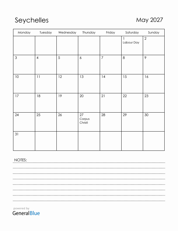 May 2027 Seychelles Calendar with Holidays (Monday Start)