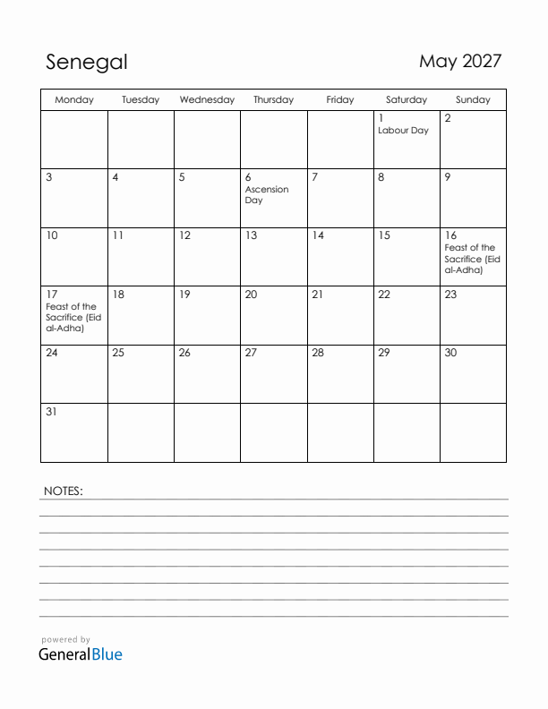 May 2027 Senegal Calendar with Holidays (Monday Start)