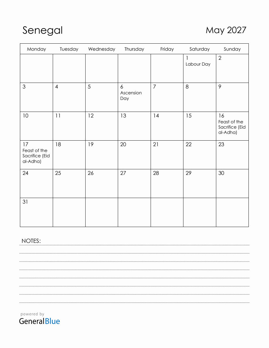 May 2027 Senegal Calendar with Holidays (Monday Start)