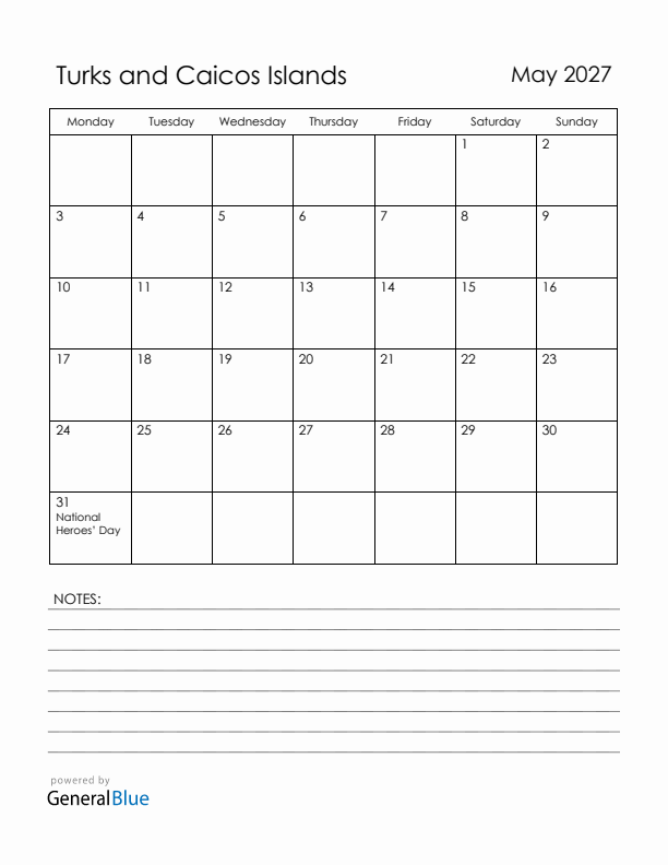 May 2027 Turks and Caicos Islands Calendar with Holidays (Monday Start)