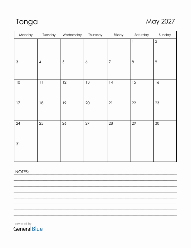 May 2027 Tonga Calendar with Holidays (Monday Start)