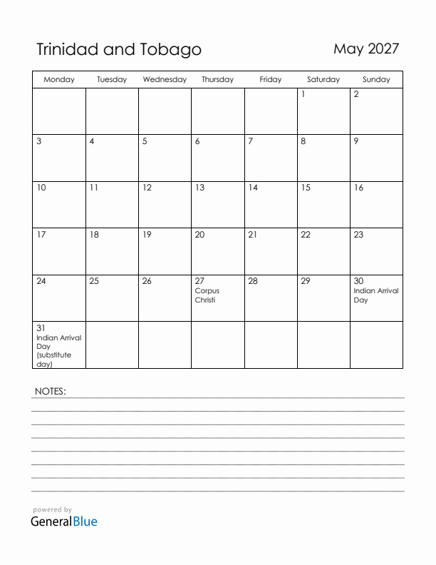 May 2027 Trinidad and Tobago Calendar with Holidays (Monday Start)