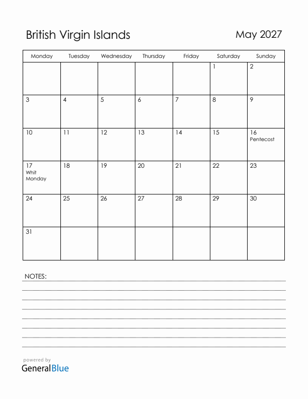 May 2027 British Virgin Islands Calendar with Holidays (Monday Start)