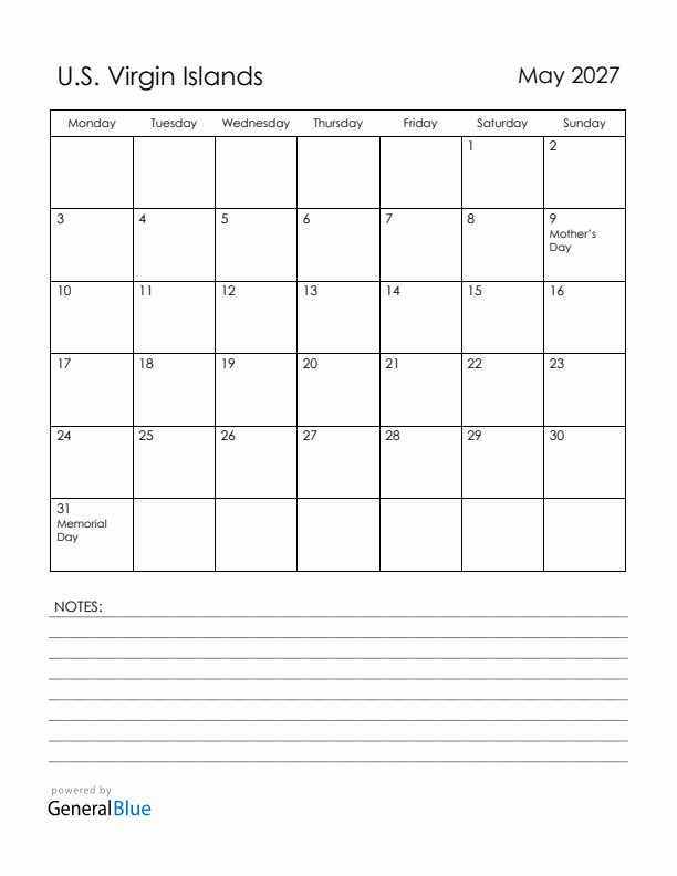 May 2027 U.S. Virgin Islands Calendar with Holidays (Monday Start)