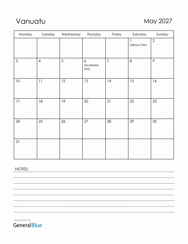 May 2027 Vanuatu Calendar with Holidays (Monday Start)