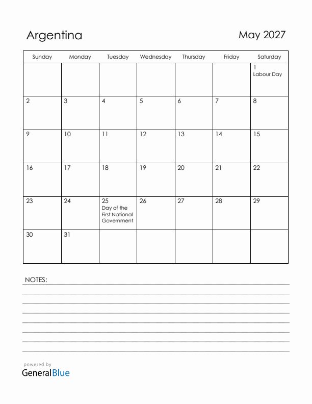 May 2027 Argentina Calendar with Holidays (Sunday Start)