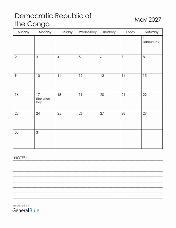 May 2027 Democratic Republic of the Congo Calendar with Holidays (Sunday Start)