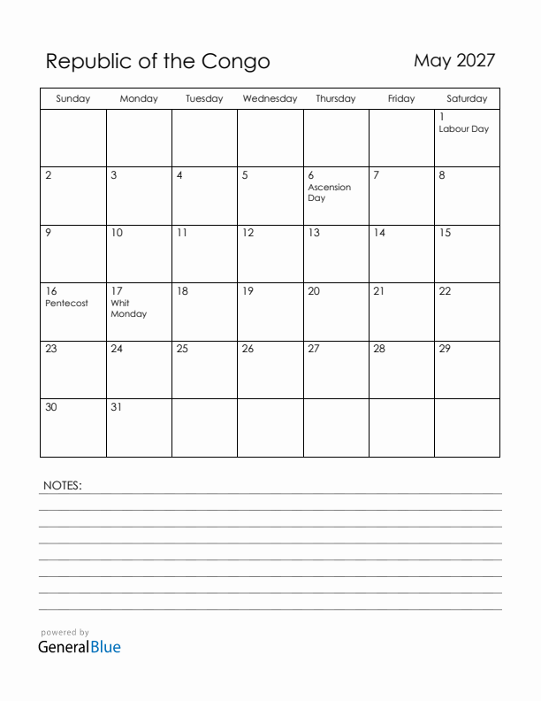 May 2027 Republic of the Congo Calendar with Holidays (Sunday Start)