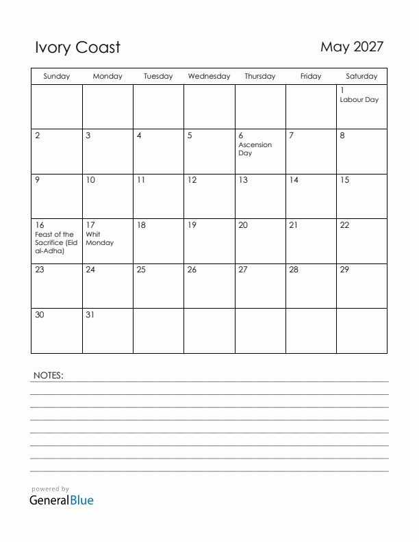 May 2027 Ivory Coast Calendar with Holidays (Sunday Start)